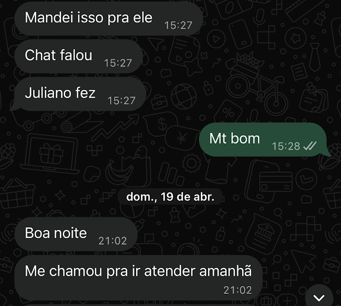 Print de conversa no WhatsApp em que Juliano conta que mandou a resposta do agente e o dono do cavalo o chamou para atender no dia seguinte