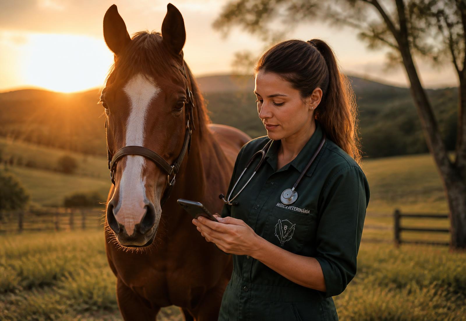 Médica-veterinária ao lado de um cavalo, olhando o celular durante o atendimento a campo
